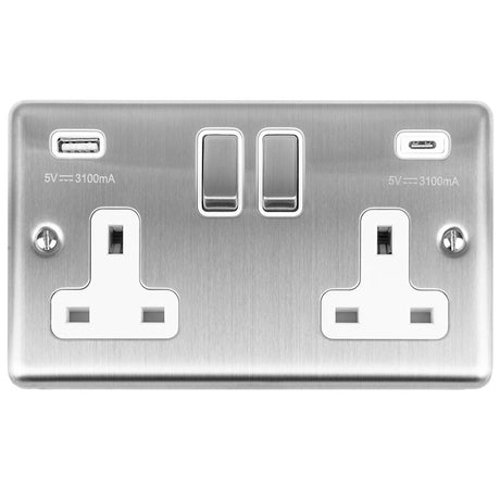 This is an image showing Eurolite Enhance Decorative 2 Gang 13Amp Switched Socket With Usb C Stainless Steel - Satin Stainless (With Rockers Trim) en2usbcssw available to order from T.H. Wiggans Ironmongery in Kendal, quick delivery and discounted prices.