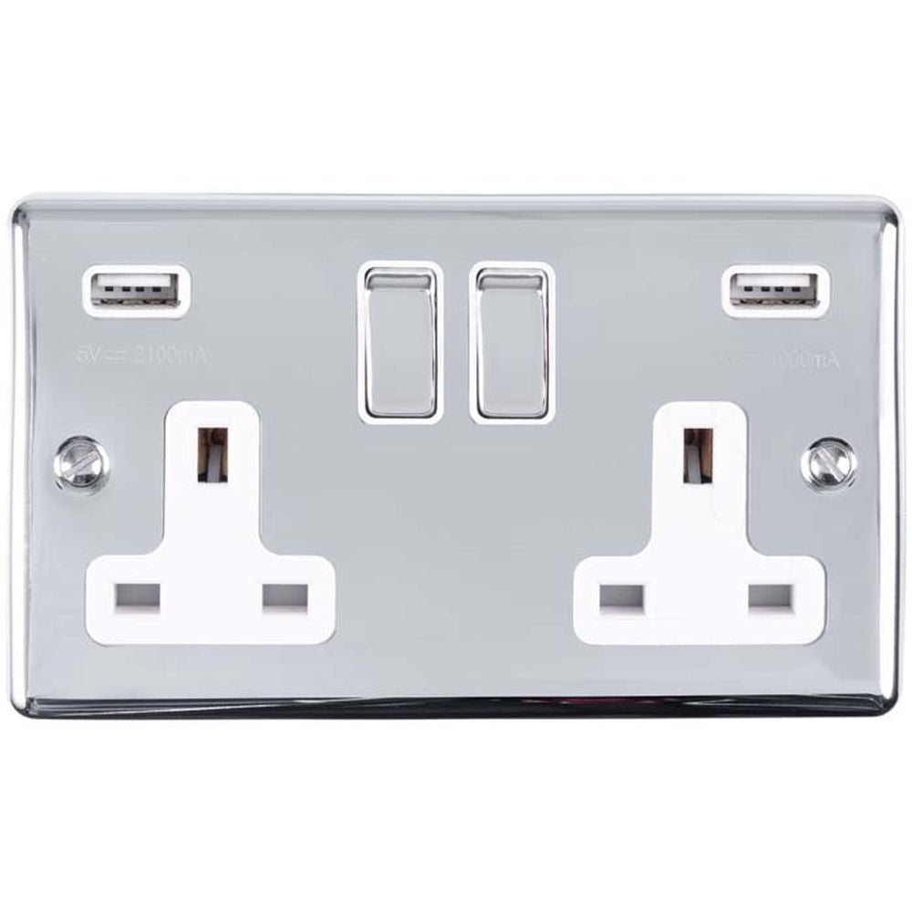 This is an image showing Eurolite Enhance Decorative 2 Gang USB Socket - Polished Chrome (With White Trim) en2usbpcw available to order from T.H. Wiggans Ironmongery in Kendal, quick delivery and discounted prices.