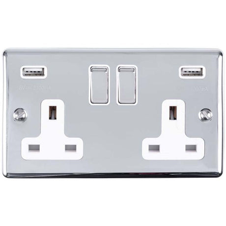 This is an image showing Eurolite Enhance Decorative 2 Gang USB Socket - Polished Chrome (With White Trim) en2usbpcw available to order from T.H. Wiggans Ironmongery in Kendal, quick delivery and discounted prices.