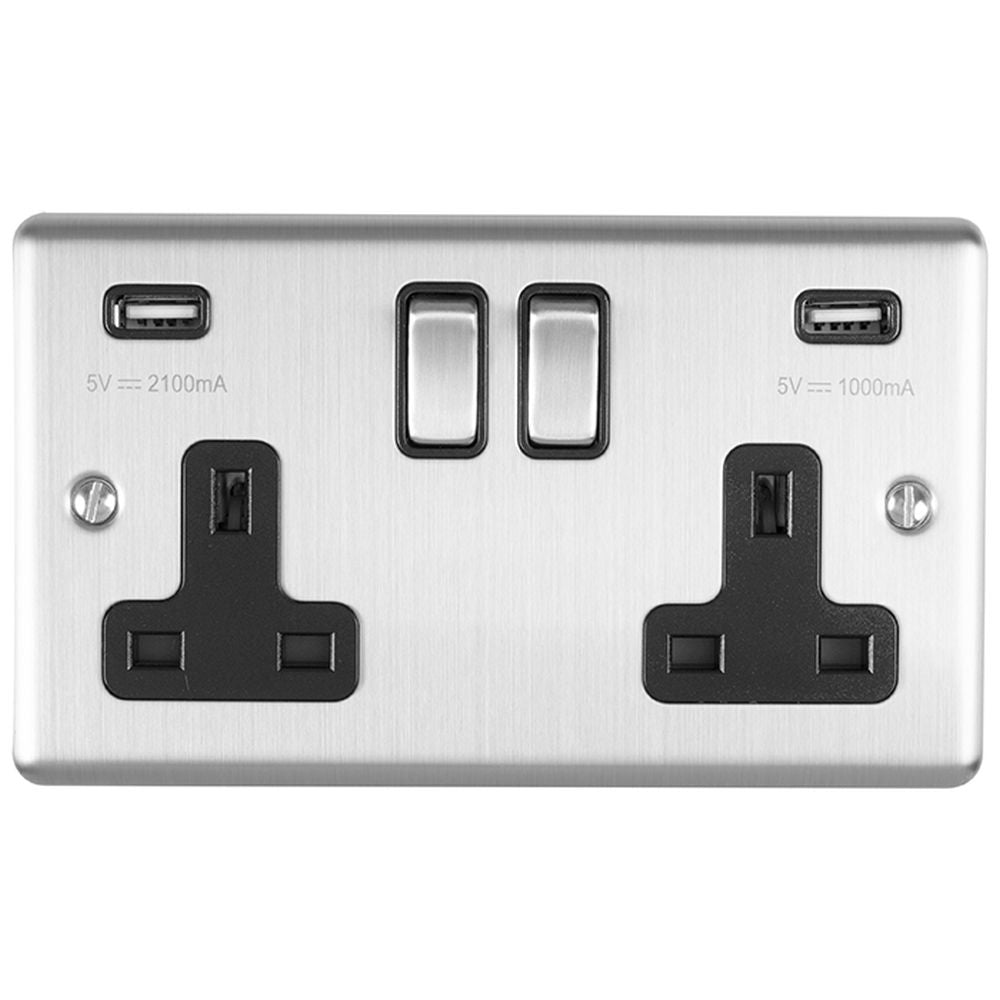 This is an image showing Eurolite Enhance Decorative 2 Gang USB Socket - Satin Stainless Steel (With Black Trim) en2usbssb available to order from T.H. Wiggans Ironmongery in Kendal, quick delivery and discounted prices.