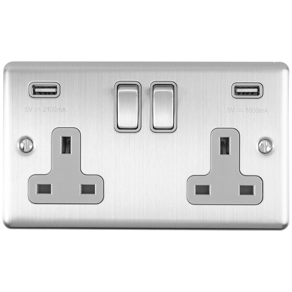 This is an image showing Eurolite Enhance Decorative 2 Gang USB Socket - Satin Stainless Steel (With Grey Trim) en2usbssg available to order from T.H. Wiggans Ironmongery in Kendal, quick delivery and discounted prices.