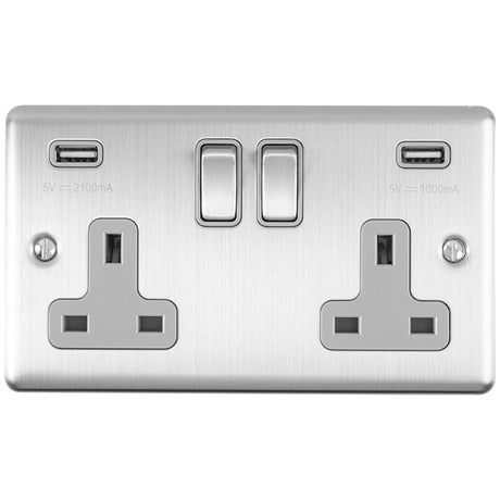This is an image showing Eurolite Enhance Decorative 2 Gang USB Socket - Satin Stainless Steel (With Grey Trim) en2usbssg available to order from T.H. Wiggans Ironmongery in Kendal, quick delivery and discounted prices.