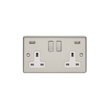 This is an image showing Eurolite Enhance Decorative 2 Gang USB Socket - Satin Stainless Steel (With White Trim) en2usbssw available to order from T.H. Wiggans Ironmongery in Kendal, quick delivery and discounted prices.