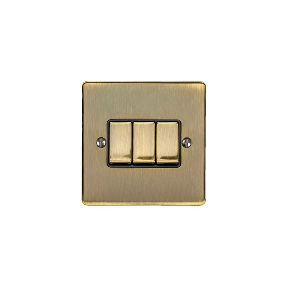 This is an image showing Eurolite Enhance Decorative 3 Gang Switch - Antique Brass (With Black Trim) en3swabb available to order from T.H. Wiggans Ironmongery in Kendal, quick delivery and discounted prices.
