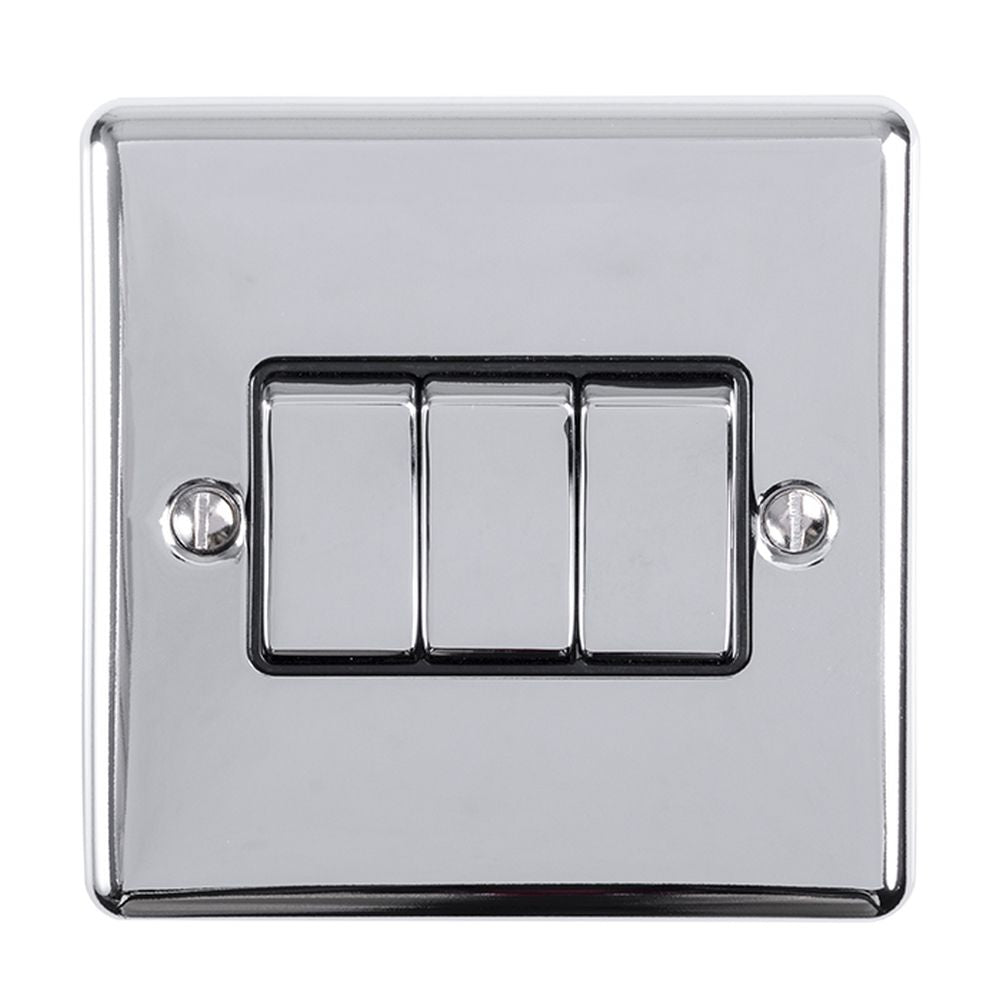 This is an image showing Eurolite Enhance Decorative 3 Gang Switch - Polished Chrome (With Black Trim) en3swpcb available to order from T.H. Wiggans Ironmongery in Kendal, quick delivery and discounted prices.