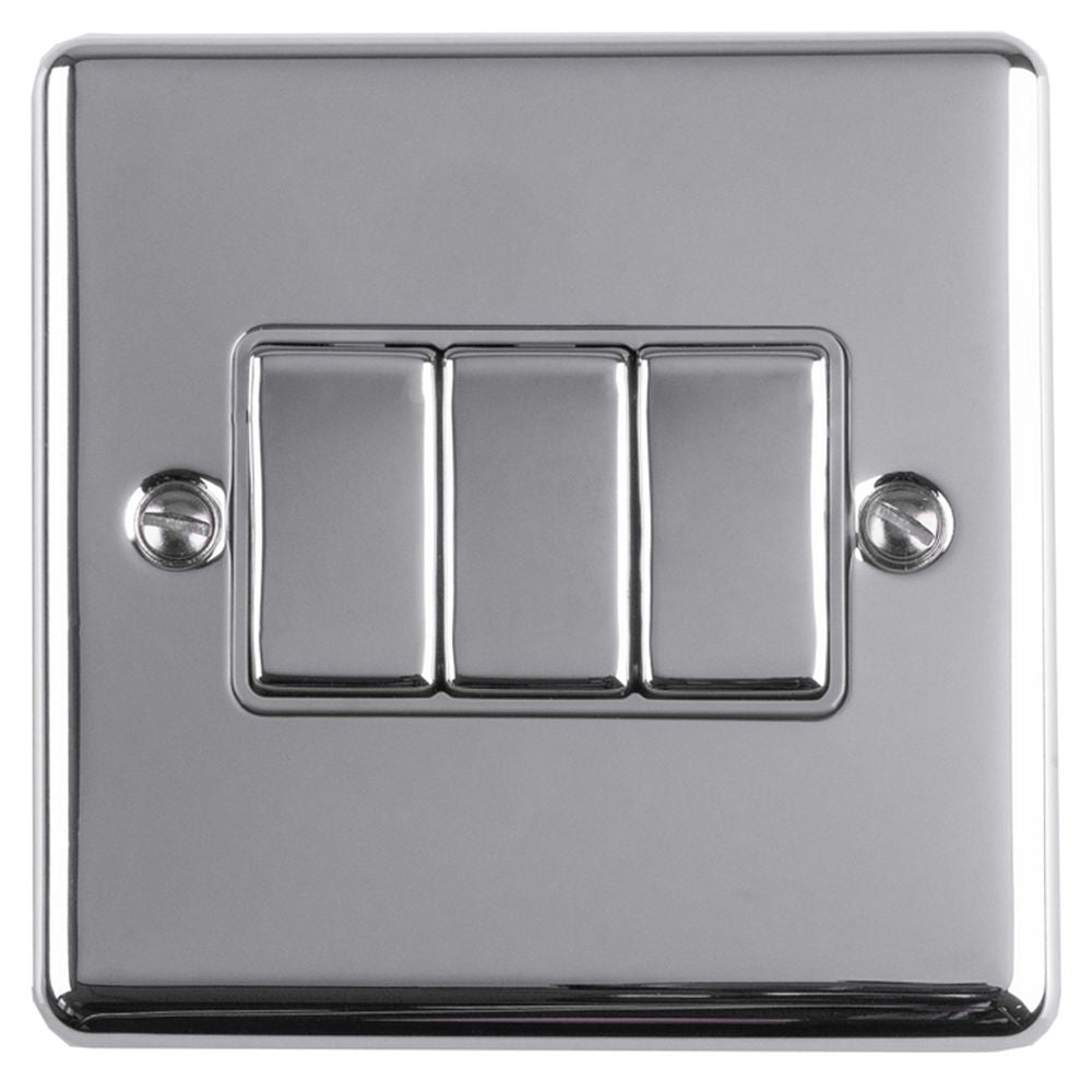This is an image showing Eurolite Enhance Decorative 3 Gang Switch - Polished Chrome (With Grey Trim) en3swpcg available to order from T.H. Wiggans Ironmongery in Kendal, quick delivery and discounted prices.