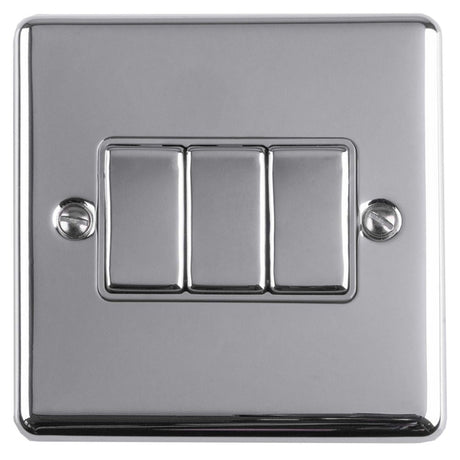 This is an image showing Eurolite Enhance Decorative 3 Gang Switch - Polished Chrome (With Grey Trim) en3swpcg available to order from T.H. Wiggans Ironmongery in Kendal, quick delivery and discounted prices.