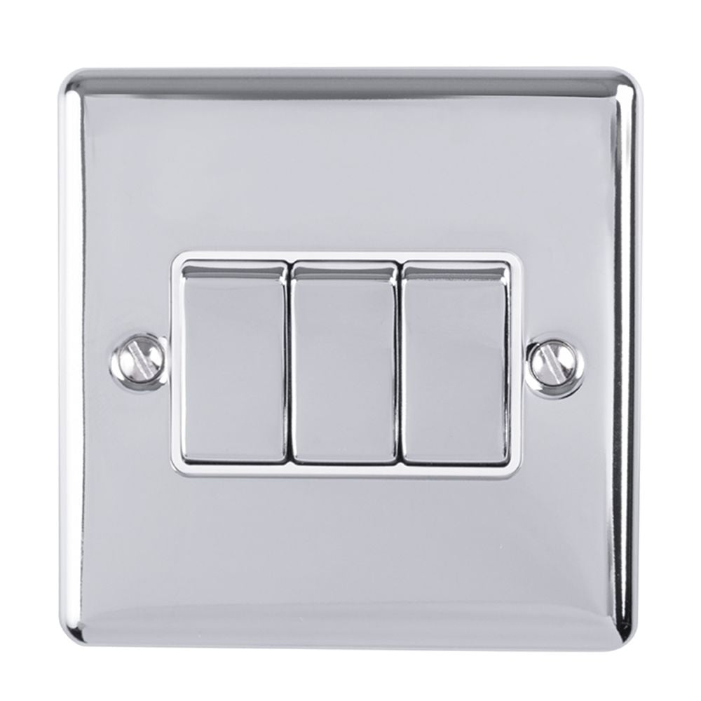 This is an image showing Eurolite Enhance Decorative 3 Gang Switch - Polished Chrome (With White Trim) en3swpcw available to order from T.H. Wiggans Ironmongery in Kendal, quick delivery and discounted prices.
