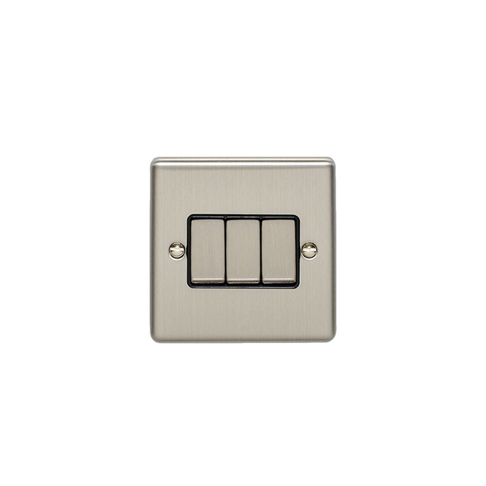 This is an image showing Eurolite Enhance Decorative 3 Gang Switch - Satin Stainless Steel (With Black Trim) en3swssb available to order from T.H. Wiggans Ironmongery in Kendal, quick delivery and discounted prices.