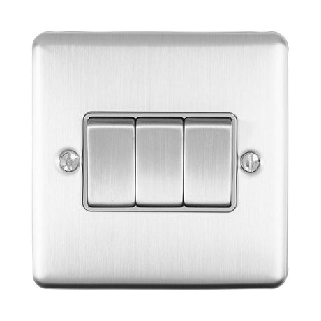This is an image showing Eurolite Enhance Decorative 3 Gang Switch - Satin Stainless Steel (With Grey Trim) en3swssg available to order from T.H. Wiggans Ironmongery in Kendal, quick delivery and discounted prices.