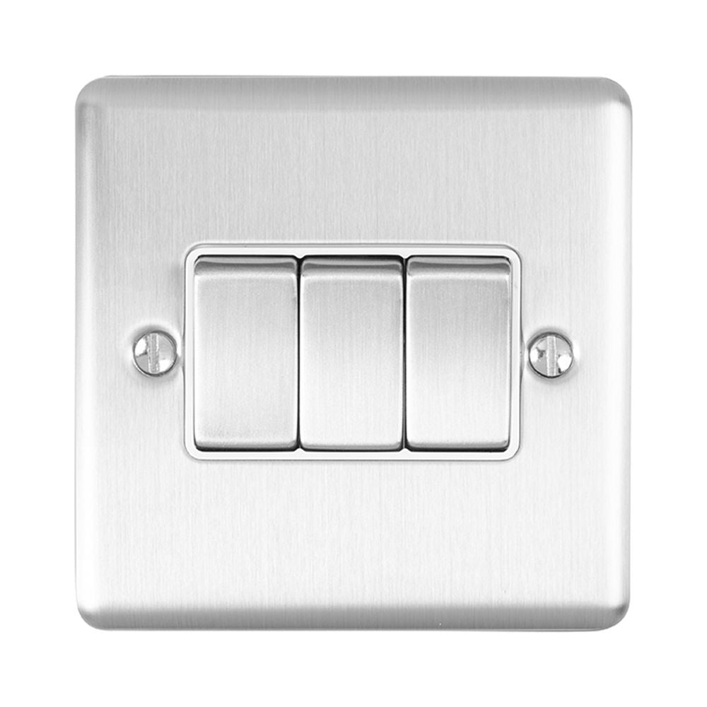 This is an image showing Eurolite Enhance Decorative 3 Gang Switch - Satin Stainless Steel (With White Trim) en3swssw available to order from T.H. Wiggans Ironmongery in Kendal, quick delivery and discounted prices.