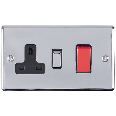 This is an image showing Eurolite Enhance Decorative 45Amp Switch with a socket - Polished Chrome (With Black Trim) en45aswaspcb available to order from T.H. Wiggans Ironmongery in Kendal, quick delivery and discounted prices.