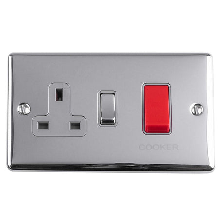 This is an image showing Eurolite Enhance Decorative 45Amp Switch with a socket - Polished Chrome (With Grey Trim) en45aswaspcg available to order from T.H. Wiggans Ironmongery in Kendal, quick delivery and discounted prices.