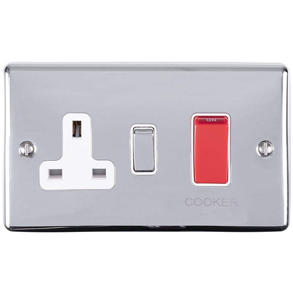 This is an image showing Eurolite Enhance Decorative 45Amp Switch with a socket - Polished Chrome (With White Trim) en45aswaspcw available to order from T.H. Wiggans Ironmongery in Kendal, quick delivery and discounted prices.