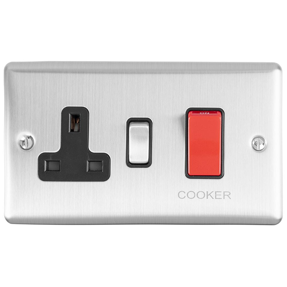 This is an image showing Eurolite Enhance Decorative 45Amp Switch with a socket - Satin Stainless Steel (With Black Trim) en45aswasssb available to order from T.H. Wiggans Ironmongery in Kendal, quick delivery and discounted prices.