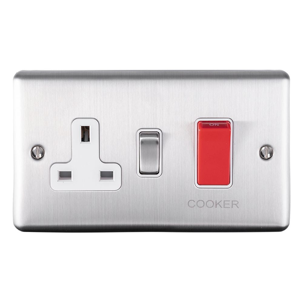 This is an image showing Eurolite Enhance Decorative 45Amp Switch with a socket - Satin Stainless Steel (With White Trim) en45aswasssw available to order from T.H. Wiggans Ironmongery in Kendal, quick delivery and discounted prices.