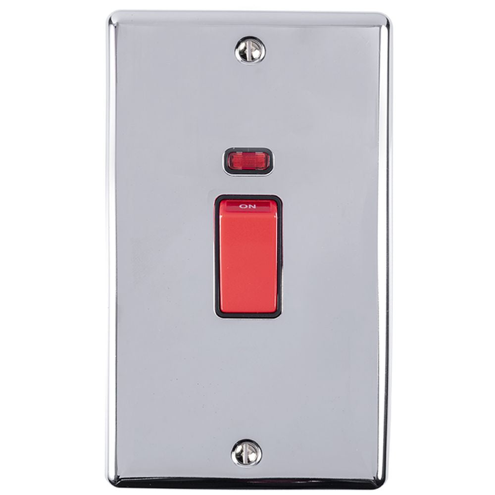 This is an image showing Eurolite Enhance Decorative 45Amp Switch with Neon Indicator - Polished Chrome (With Black Trim) en45aswnpcb available to order from T.H. Wiggans Ironmongery in Kendal, quick delivery and discounted prices.