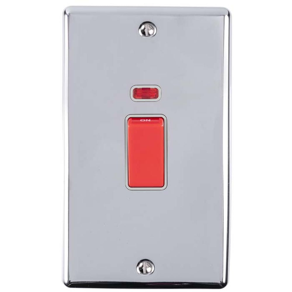 This is an image showing Eurolite Enhance Decorative 45Amp Switch with Neon Indicator - Polished Chrome (With Grey Trim) en45aswnpcg available to order from T.H. Wiggans Ironmongery in Kendal, quick delivery and discounted prices.