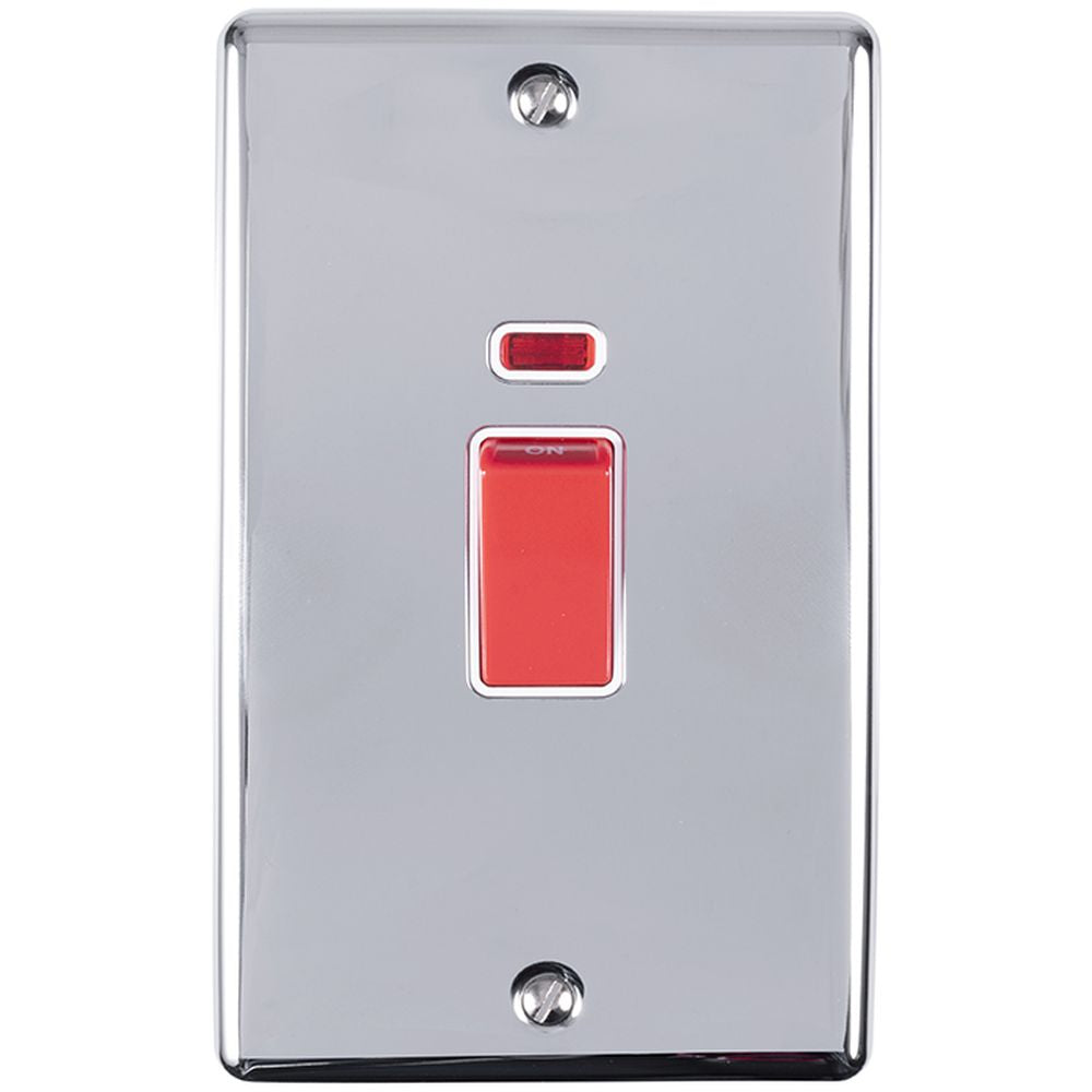 This is an image showing Eurolite Enhance Decorative 45Amp Switch with Neon Indicator - Polished Chrome (With White Trim) en45aswnpcw available to order from T.H. Wiggans Ironmongery in Kendal, quick delivery and discounted prices.