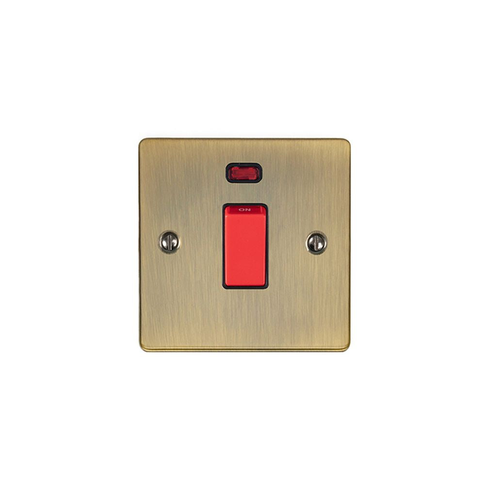 This is an image showing Eurolite Enhance Decorative 45Amp Switch with Neon Indicator - Antique Brass (With Black Trim) en45aswnsabb available to order from T.H. Wiggans Ironmongery in Kendal, quick delivery and discounted prices.
