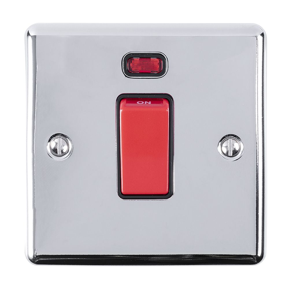 This is an image showing Eurolite Enhance Decorative 45Amp Switch with Neon Indicator - Polished Chrome (With Black Trim) en45aswnspcb available to order from T.H. Wiggans Ironmongery in Kendal, quick delivery and discounted prices.