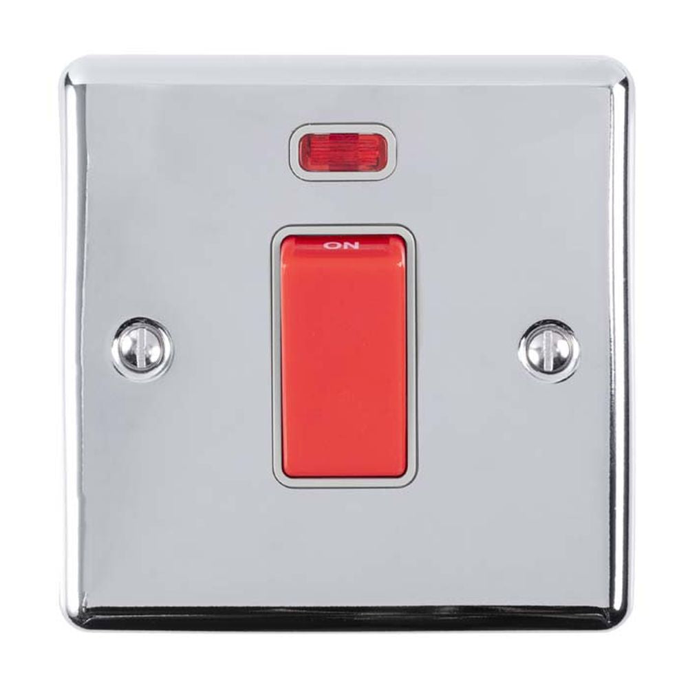 This is an image showing Eurolite Enhance Decorative 45Amp Switch with Neon Indicator - Polished Chrome (With Grey Trim) en45aswnspcg available to order from T.H. Wiggans Ironmongery in Kendal, quick delivery and discounted prices.
