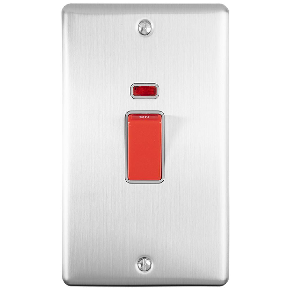This is an image showing Eurolite Enhance Decorative 45Amp Switch with Neon Indicator - Satin Stainless Steel (With Grey Trim) en45aswnssg available to order from T.H. Wiggans Ironmongery in Kendal, quick delivery and discounted prices.