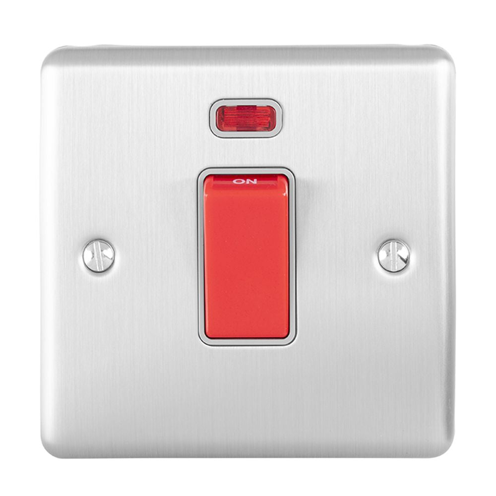 This is an image showing Eurolite Enhance Decorative 45Amp Switch with Neon Indicator - Satin Stainless Steel (With Grey Trim) en45aswnsssg available to order from T.H. Wiggans Ironmongery in Kendal, quick delivery and discounted prices.