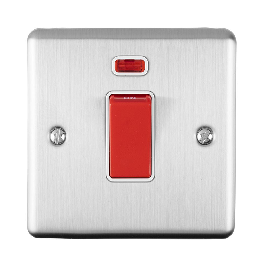 This is an image showing Eurolite Enhance Decorative 45Amp Switch with Neon Indicator - Satin Stainless Steel (With White Trim) en45aswnsssw available to order from T.H. Wiggans Ironmongery in Kendal, quick delivery and discounted prices.