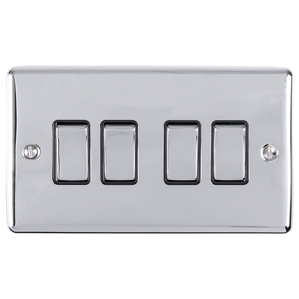This is an image showing Eurolite Enhance Decorative 4 Gang Switch - Polished Chrome (With Black Trim) en4swpcb available to order from T.H. Wiggans Ironmongery in Kendal, quick delivery and discounted prices.