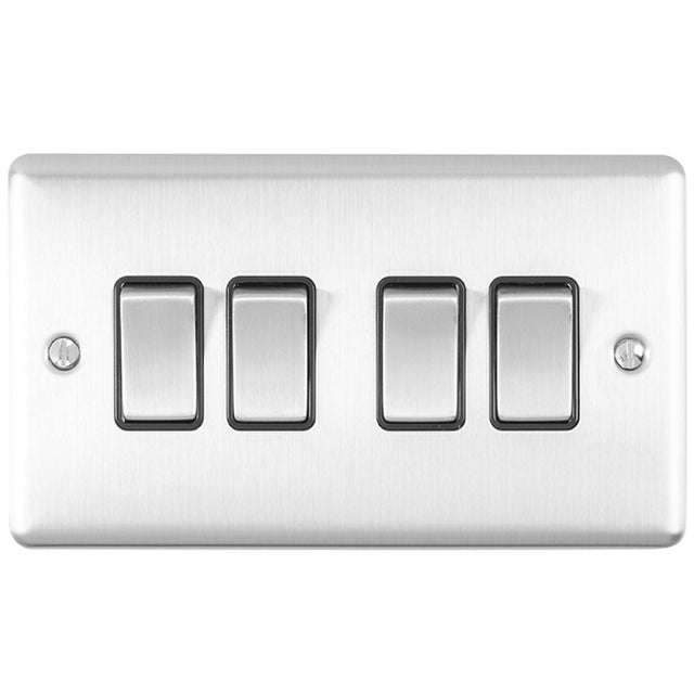 This is an image showing Eurolite Enhance Decorative 4 Gang Switch - Satin Stainless Steel (With Black Trim) en4swssb available to order from T.H. Wiggans Ironmongery in Kendal, quick delivery and discounted prices.