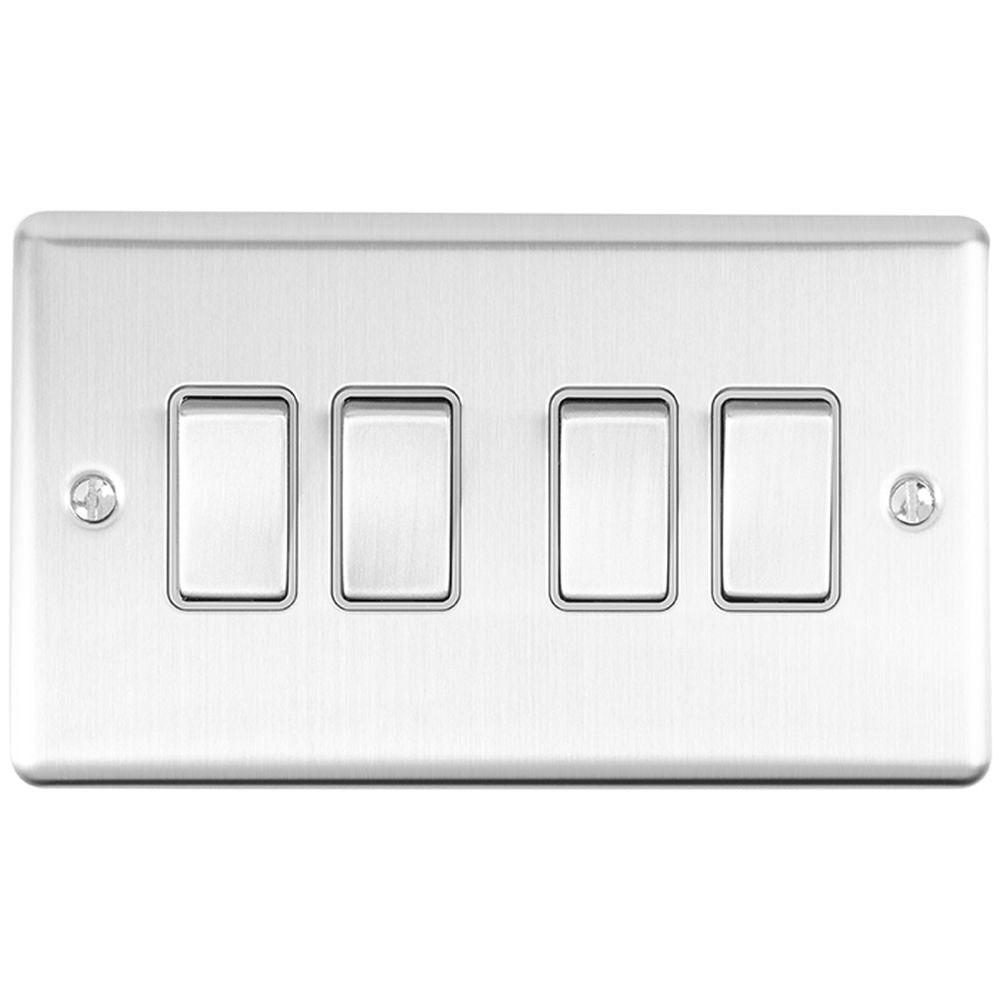 This is an image showing Eurolite Enhance Decorative 4 Gang Switch - Satin Stainless Steel (With Grey Trim) en4swssg available to order from T.H. Wiggans Ironmongery in Kendal, quick delivery and discounted prices.