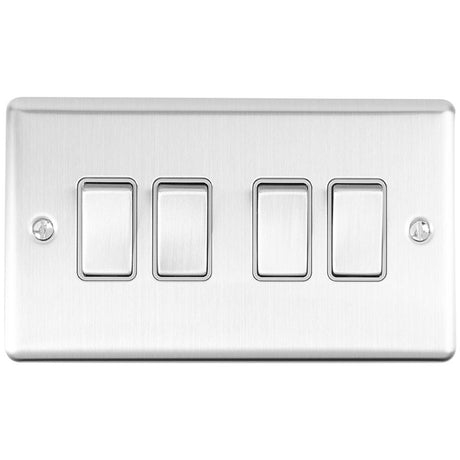 This is an image showing Eurolite Enhance Decorative 4 Gang Switch - Satin Stainless Steel (With Grey Trim) en4swssg available to order from T.H. Wiggans Ironmongery in Kendal, quick delivery and discounted prices.