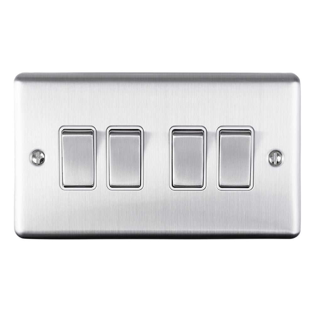 This is an image showing Eurolite Enhance Decorative 4 Gang Switch - Satin Stainless Steel (With White Trim) en4swssw available to order from T.H. Wiggans Ironmongery in Kendal, quick delivery and discounted prices.