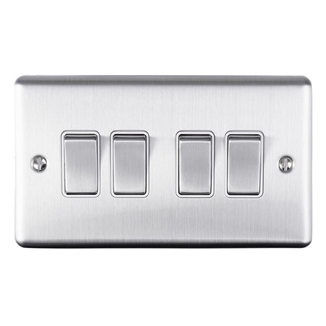 This is an image showing Eurolite Enhance Decorative 4 Gang Switch - Satin Stainless Steel (With White Trim) en4swssw available to order from T.H. Wiggans Ironmongery in Kendal, quick delivery and discounted prices.