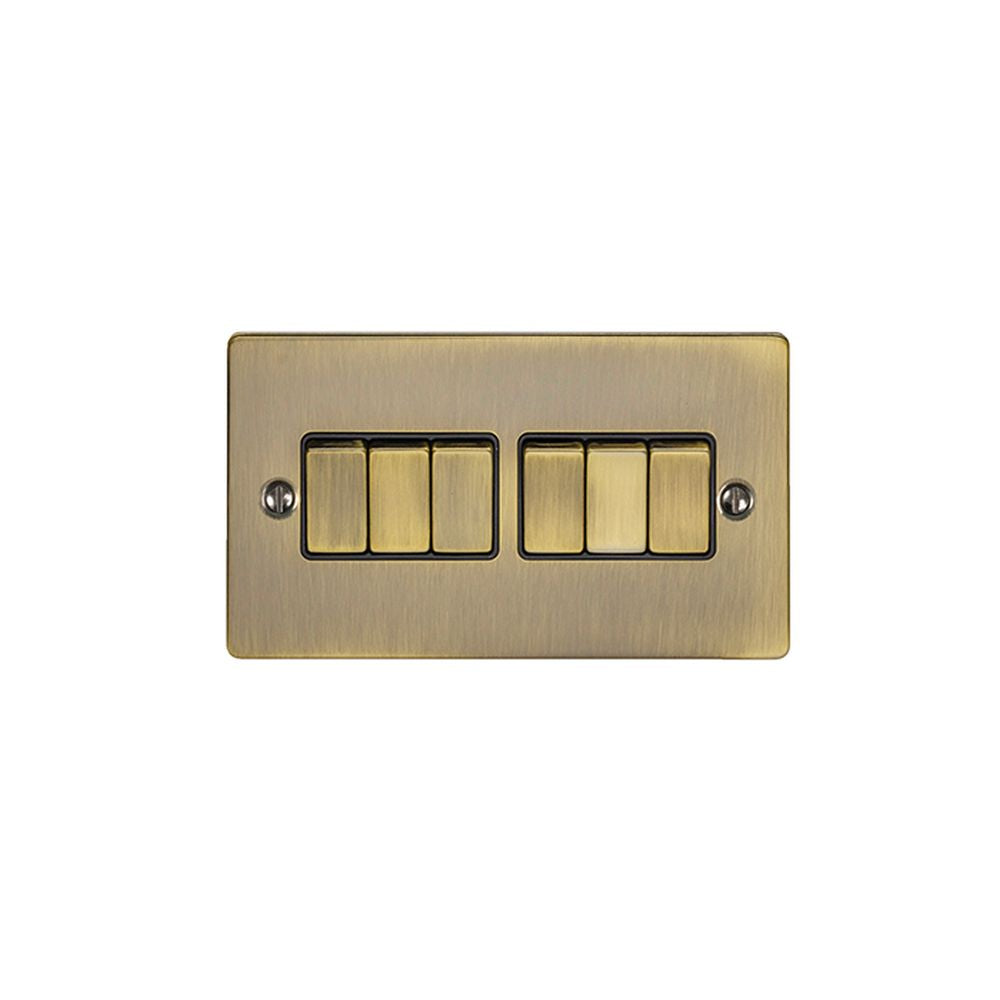 This is an image showing Eurolite Enhance Decorative 6 Gang Switch - Antique Brass (With Black Trim) en6swabb available to order from T.H. Wiggans Ironmongery in Kendal, quick delivery and discounted prices.