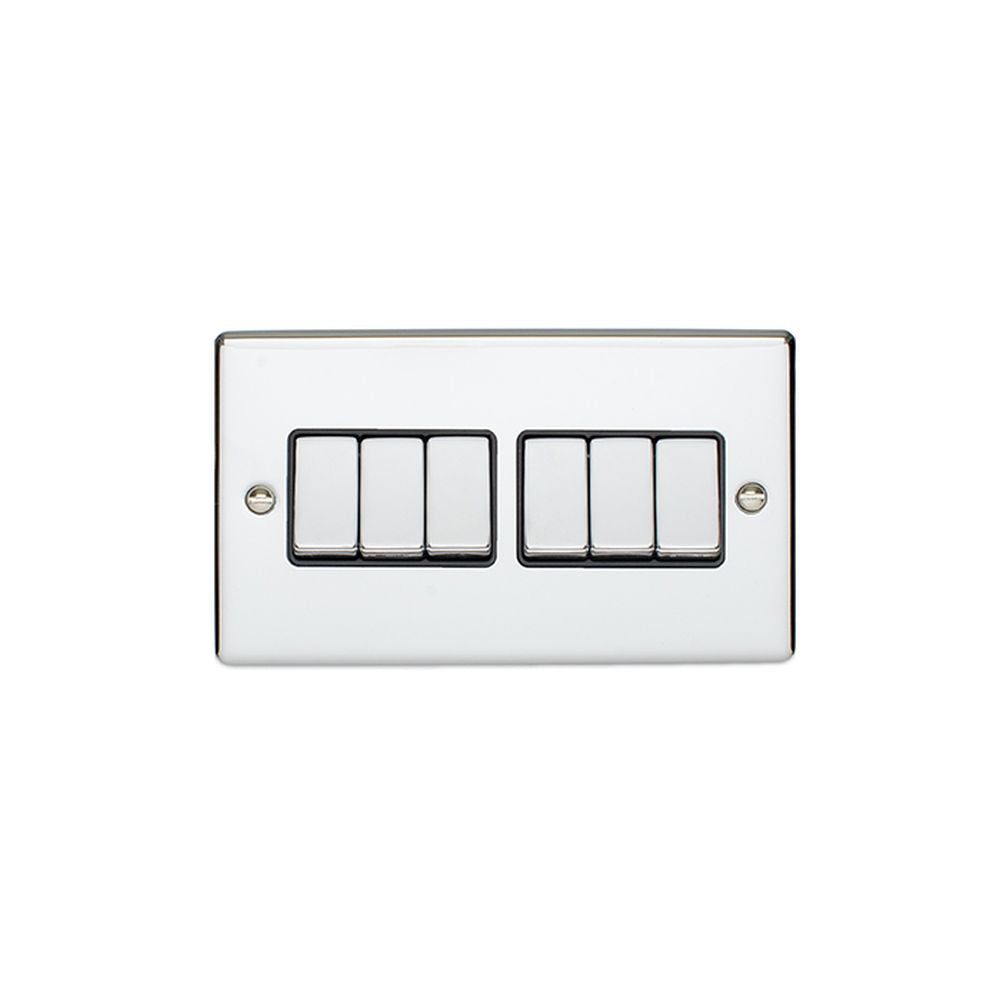 This is an image showing Eurolite Enhance Decorative 6 Gang Switch - Polished Chrome (With Black Trim) en6swpcb available to order from T.H. Wiggans Ironmongery in Kendal, quick delivery and discounted prices.