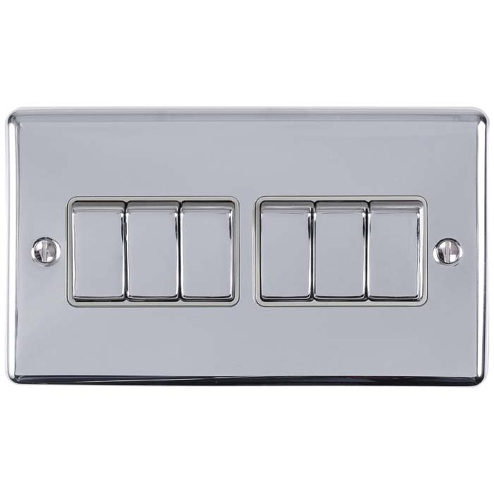This is an image showing Eurolite Enhance Decorative 6 Gang Switch - Polished Chrome (With Grey Trim) en6swpcg available to order from T.H. Wiggans Ironmongery in Kendal, quick delivery and discounted prices.