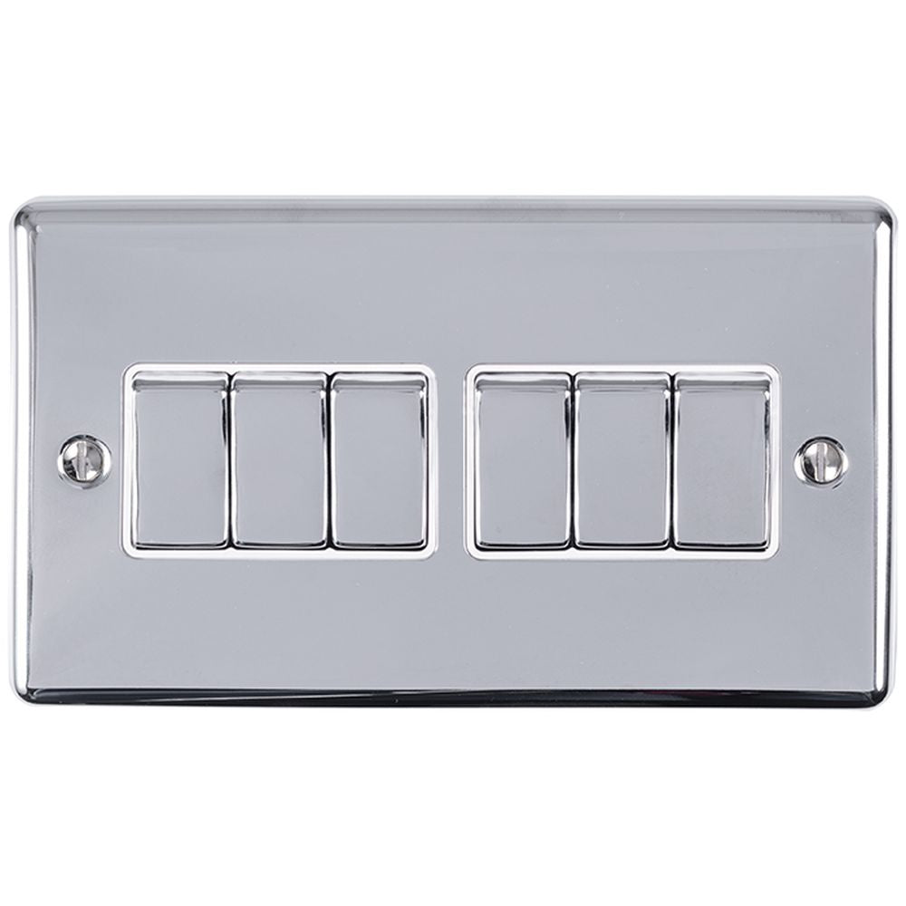 This is an image showing Eurolite Enhance Decorative 6 Gang Switch - Polished Chrome (With White Trim) en6swpcw available to order from T.H. Wiggans Ironmongery in Kendal, quick delivery and discounted prices.