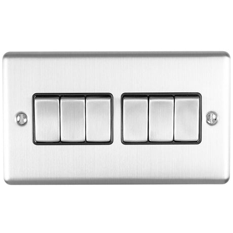 This is an image showing Eurolite Enhance Decorative 6 Gang Switch - Satin Stainless Steel (With Black Trim) en6swssb available to order from T.H. Wiggans Ironmongery in Kendal, quick delivery and discounted prices.