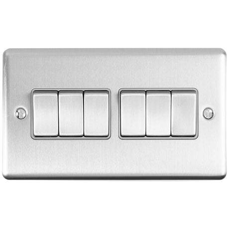 This is an image showing Eurolite Enhance Decorative 6 Gang Switch - Satin Stainless Steel (With Grey Trim) en6swssg available to order from T.H. Wiggans Ironmongery in Kendal, quick delivery and discounted prices.