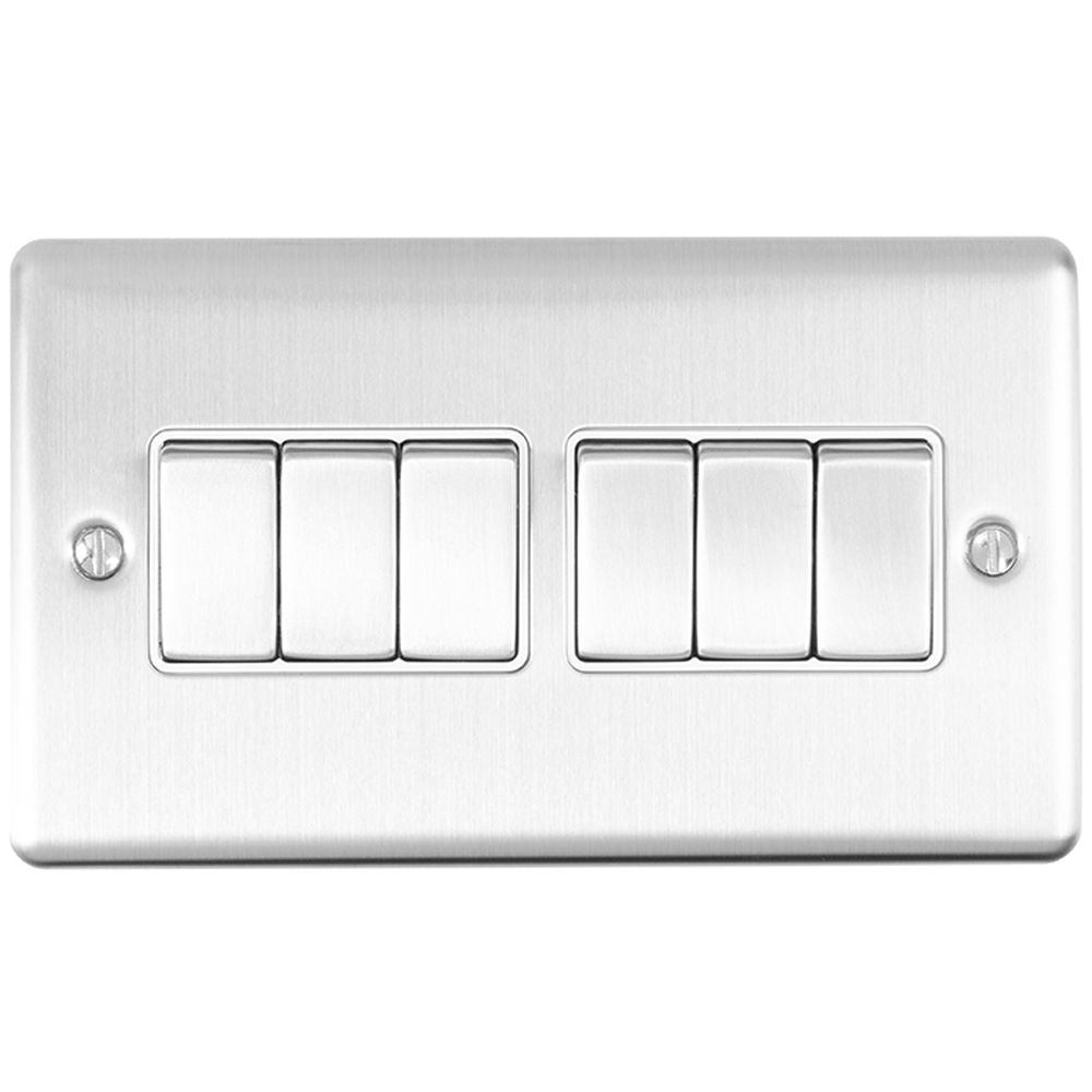 This is an image showing Eurolite Enhance Decorative 6 Gang Switch - Satin Stainless Steel (With White Trim) en6swssw available to order from T.H. Wiggans Ironmongery in Kendal, quick delivery and discounted prices.