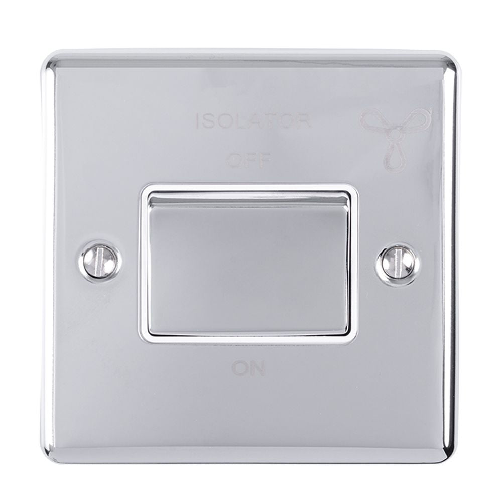This is an image showing Eurolite Enhance Decorative Fan Switch - Polished Chrome (With White Trim) enfswpcw available to order from T.H. Wiggans Ironmongery in Kendal, quick delivery and discounted prices.