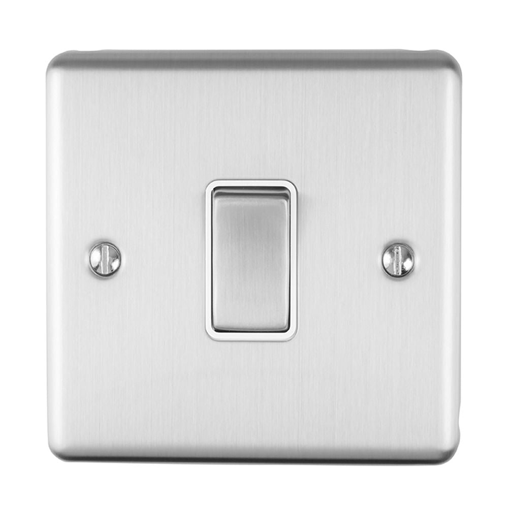 This is an image showing Eurolite Enhance Decorative Intermediate Switch - Satin Stainless Steel (With White Trim) enintssw available to order from T.H. Wiggans Ironmongery in Kendal, quick delivery and discounted prices.