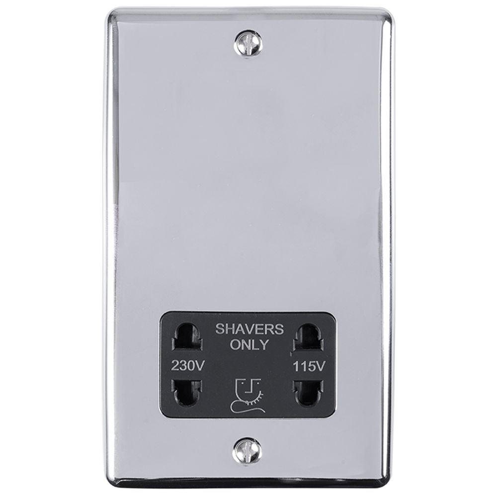 This is an image showing Eurolite Enhance Decorative Shaver Socket - Polished Chrome (With Black Trim) enshspcb available to order from T.H. Wiggans Ironmongery in Kendal, quick delivery and discounted prices.