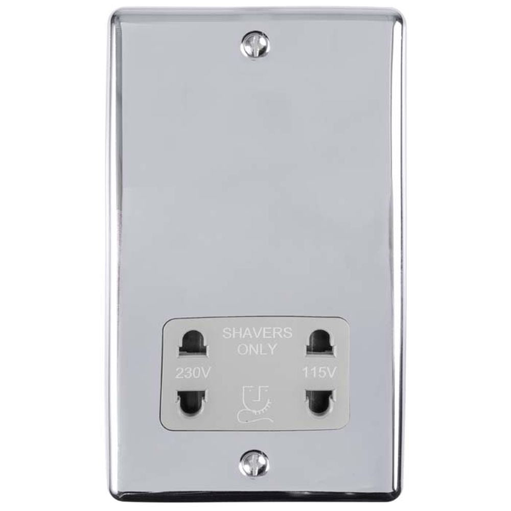 This is an image showing Eurolite Enhance Decorative Shaver Socket - Polished Chrome (With Grey Trim) enshspcg available to order from T.H. Wiggans Ironmongery in Kendal, quick delivery and discounted prices.