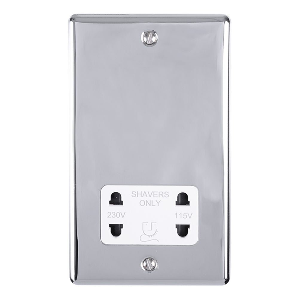This is an image showing Eurolite Enhance Decorative Shaver Socket - Polished Chrome (With White Trim) enshspcw available to order from T.H. Wiggans Ironmongery in Kendal, quick delivery and discounted prices.