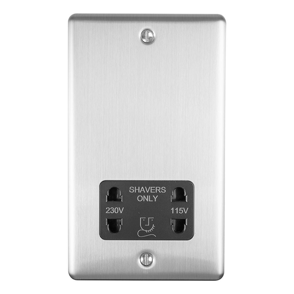 This is an image showing Eurolite Enhance Decorative Shaver Socket - Satin Stainless Steel (With Black Trim) enshsssb available to order from T.H. Wiggans Ironmongery in Kendal, quick delivery and discounted prices.
