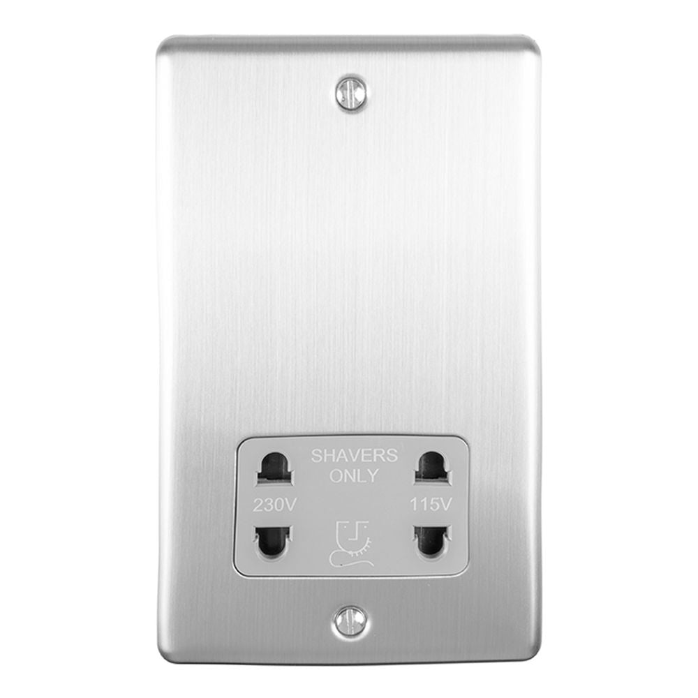 This is an image showing Eurolite Enhance Decorative Shaver Socket - Satin Stainless Steel (With Grey Trim) enshsssg available to order from T.H. Wiggans Ironmongery in Kendal, quick delivery and discounted prices.