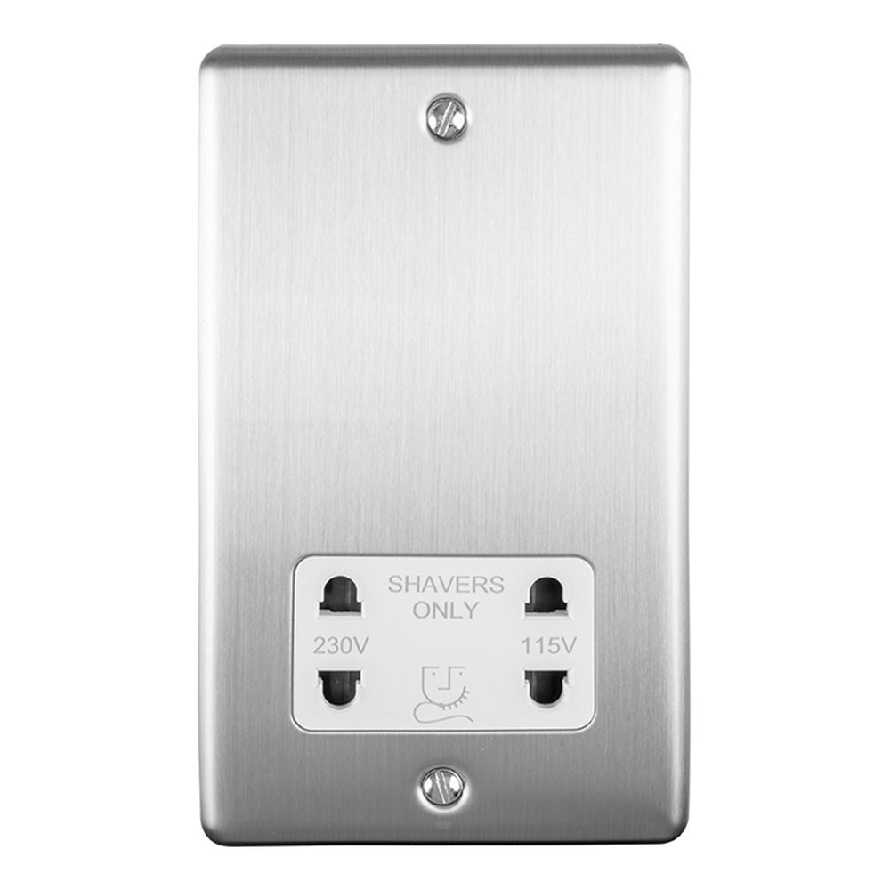 This is an image showing Eurolite Enhance Decorative Shaver Socket - Satin Stainless Steel (With White Trim) enshsssw available to order from T.H. Wiggans Ironmongery in Kendal, quick delivery and discounted prices.